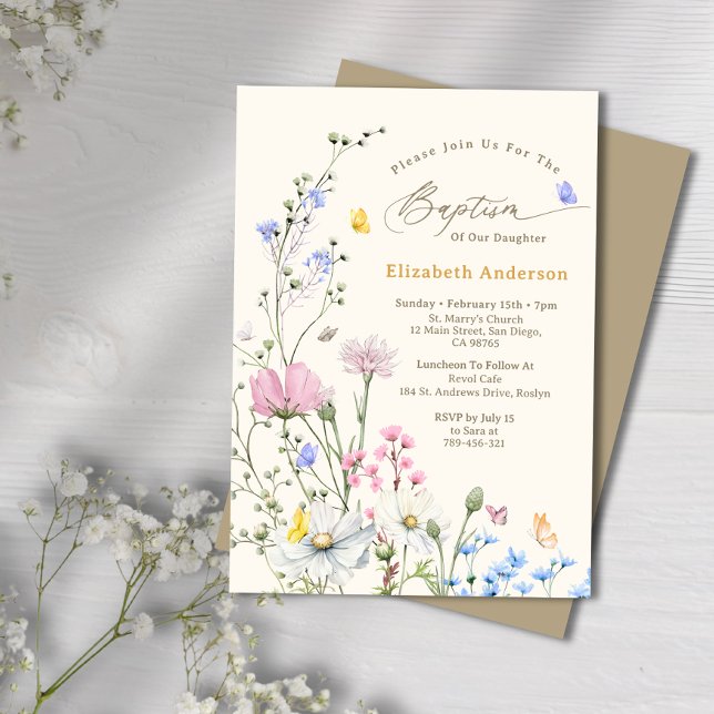 Pastel Pink & Blue Whimsical Wildblume Taufe Einladung (Pastel Pink & Blue Whimsical Wildflower Baptism Invitation)