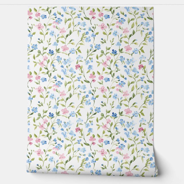 Pastel Pink Blue Wildflower Pattern Tapete (Abrollen)