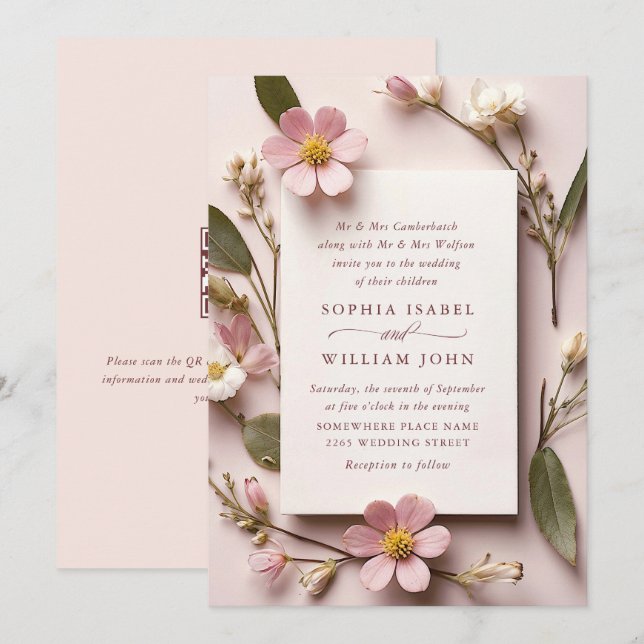 Pastel Pink Blush Boho Wildblumen Hochzeiten QR-Co Einladung (Vorne/Hinten)