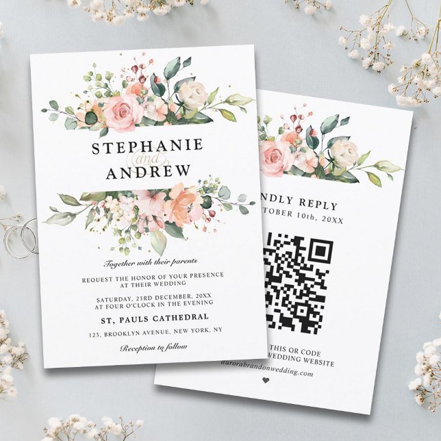 Pastel Pink Blush Rose Botanische Hochzeit mit flo Einladung (Pastel pink blush floral wedding invitation with RSVP on back)