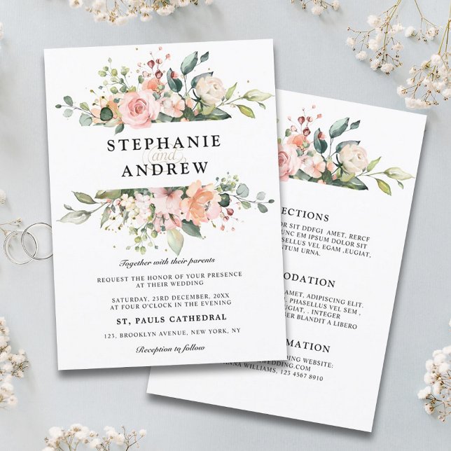 Pastel Pink Blush Rose Botanische Hochzeit mit flo Einladung (Pastel pink blush rose floral wedding invitation with details on back)