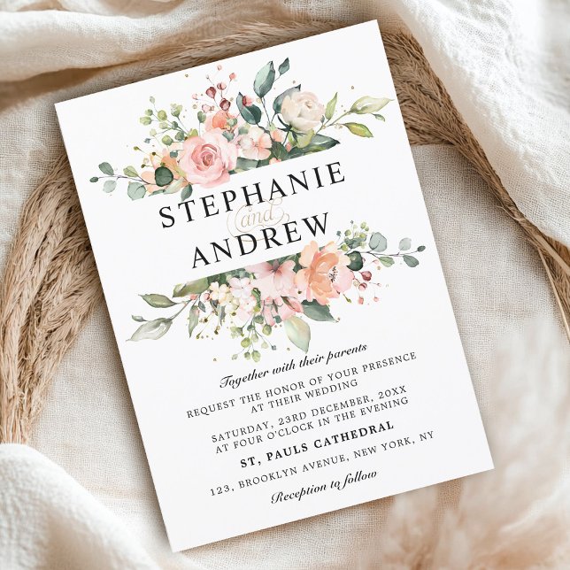 Pastel Pink Blush Rose Botanische Hochzeit mit flo Einladung (Pastel Blush Ivory Pink Floral Botanical Wedding invitation)