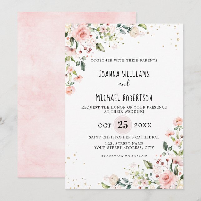 Pastel Pink Blush Rose Botanische Hochzeit mit flo Einladung (Vorne/Hinten)