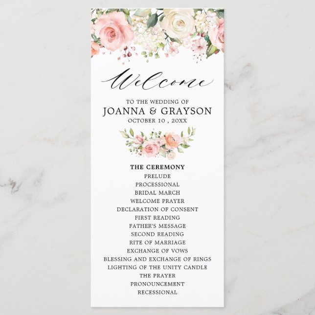 Pastel Pink Blush Rose Botanische Hochzeit mit flo Programm (Vorderseite)