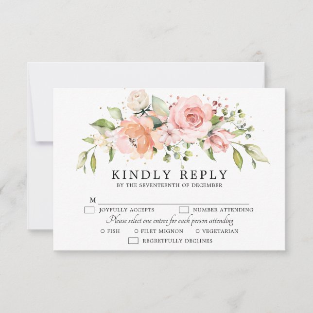Pastel Pink Blush Rose Botanische Hochzeit mit flo RSVP Karte (Vorderseite)