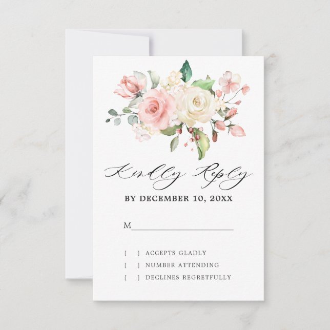 Pastel Pink Blush Rose Botanische Hochzeit mit flo RSVP Karte (Vorderseite)