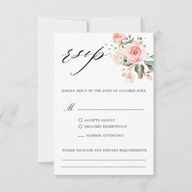 Pastel Pink Blush Rose Botanische Hochzeit mit flo RSVP Karte (Vorderseite)