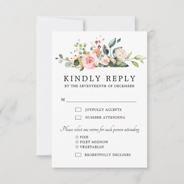 Pastel Pink Blush Rose Botanische Hochzeit mit flo RSVP Karte (Vorderseite)