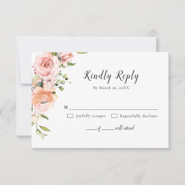 Pastel Pink Blush Rose Botanische Hochzeit mit flo RSVP Karte (Vorderseite)