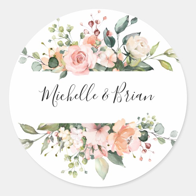 Pastel Pink Blush Rose Botanische Hochzeit mit flo Runder Aufkleber (Vorderseite)