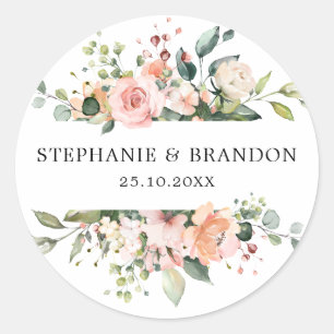Pastel Pink Blush Rose Botanische Hochzeit mit flo Runder Aufkleber