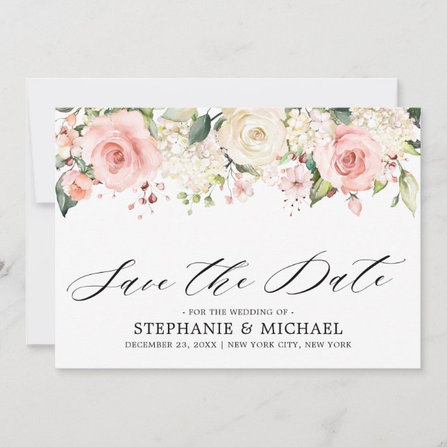Pastel Pink Blush Rose Botanische Hochzeit mit flo Save The Date (Vorderseite)