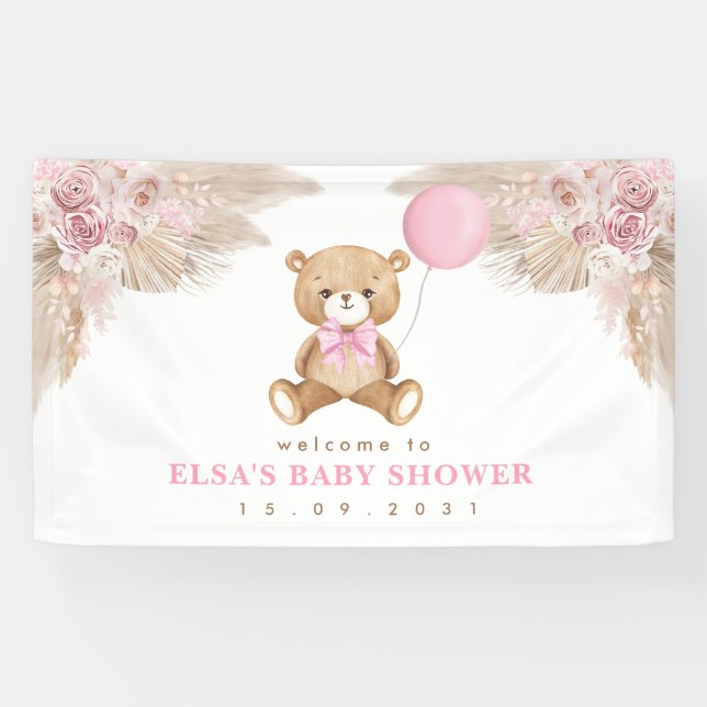 Pastel Pink Boho Pampas Teddy Bear Begrüssungskind Banner (Horizontal)