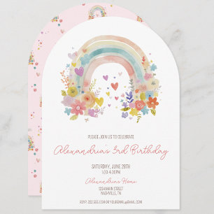 Pastel Pink Boho Rainbow Floral 3. Geburtstag Einladung