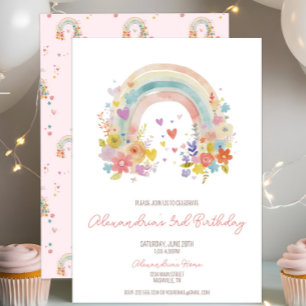 Pastel Pink Boho Rainbow Floral 3. Geburtstag Einladung