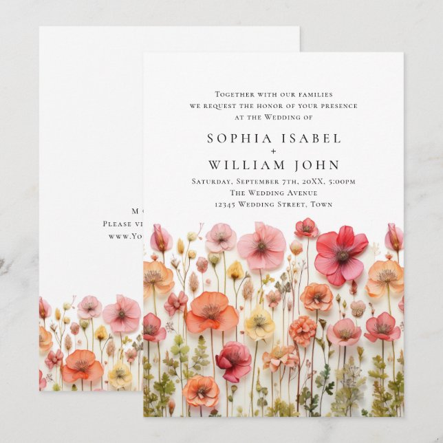 Pastel Pink Boho Wild Blume Hochzeit Einladung (Vorne/Hinten)