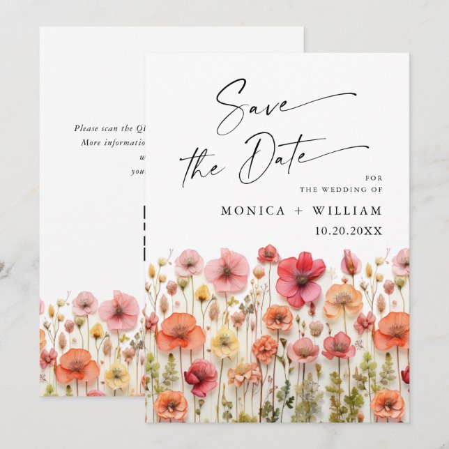 Pastel Pink Boho Wild Blume Hochzeiten QR-Code Save The Date (Vorne/Hinten)