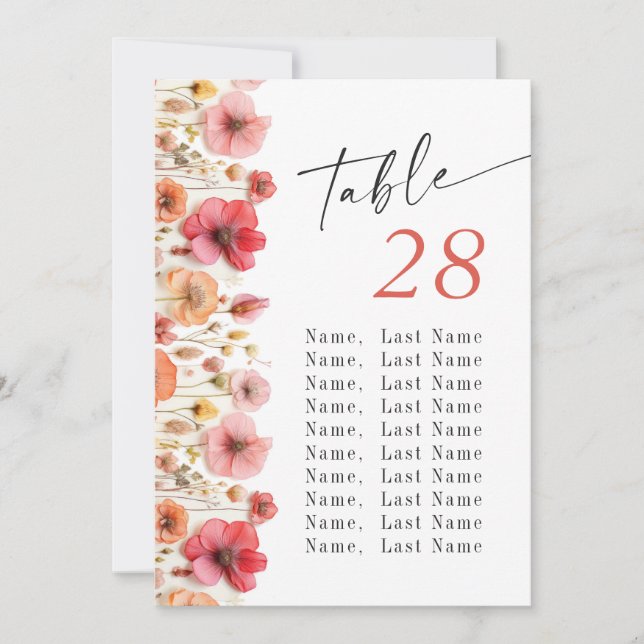 Pastel Pink Boho Wildblume Wedding Tischnummer (Vorderseite)