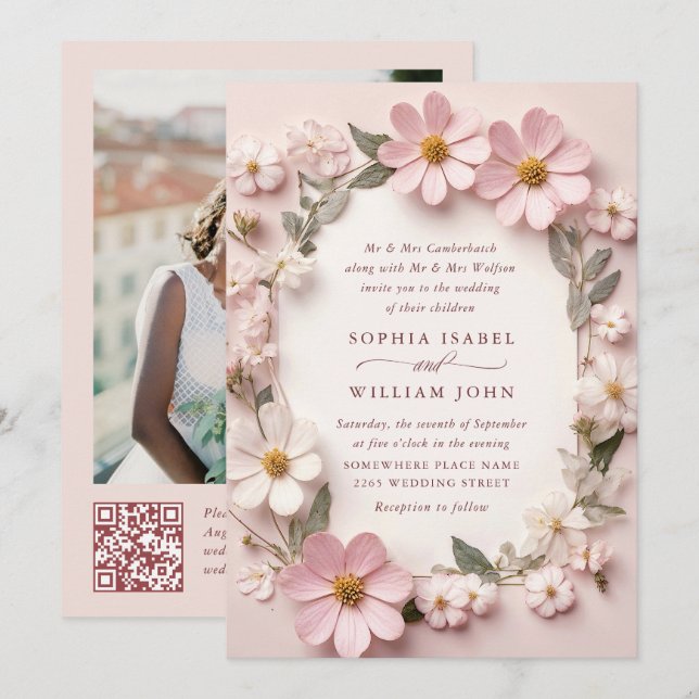 Pastel Pink Boho Wildblumen Hochzeiten QR-Code-Fot Einladung (Vorne/Hinten)