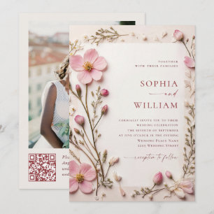 Pastel Pink Boho Wildblumen Hochzeiten QR-Code-Fot Einladung
