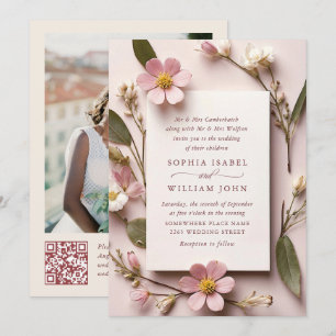 Pastel Pink Boho Wildblumen Hochzeiten QR-Code-Fot Einladung