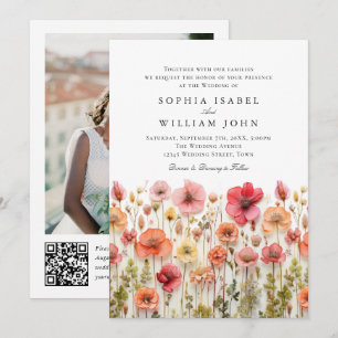 Pastel Pink Boho Wildblumen Hochzeiten QR-Code-Fot Einladung