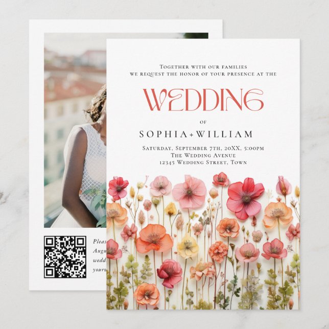 Pastel Pink Boho Wildblumen Hochzeiten QR-Code-Fot Einladung (Vorne/Hinten)