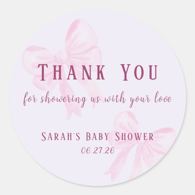 Pastel Pink Bow Baby Shower Thank You Sticker (Vorderseite)