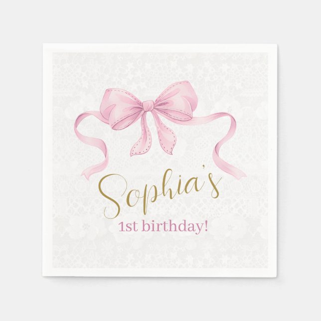 Pastel Pink Bow & Elegante Gold Script Geburtstag Serviette (Vorderseite)
