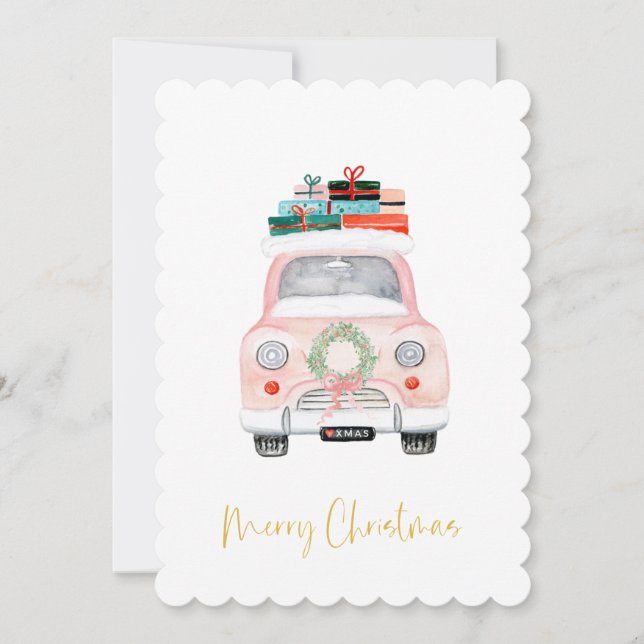 Pastel Pink Car Bauernhof Karo Frohe Weihnachten (Vorderseite)
