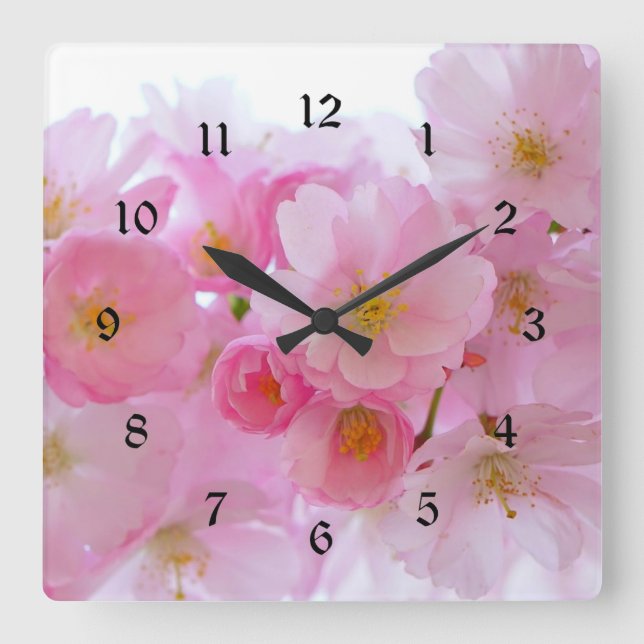 Pastel Pink Cherry Blossoms Quadratische Wanduhr (Vorderseite)