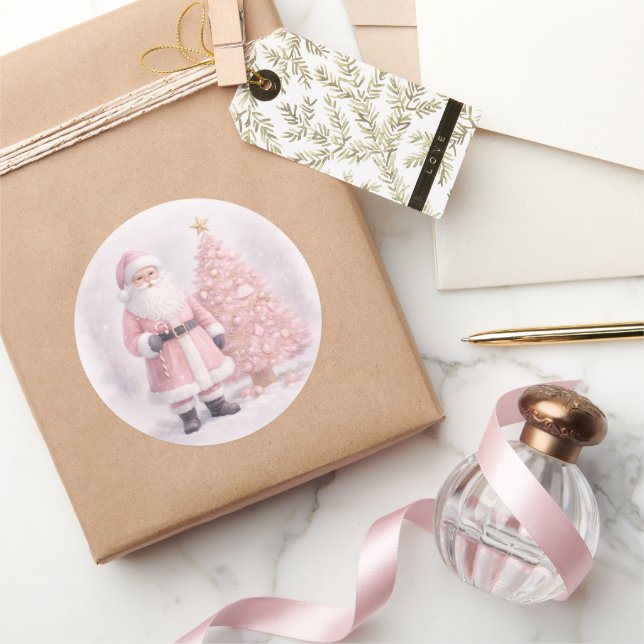 Pastel Pink Christmas Santa  Runder Aufkleber (Schenken)