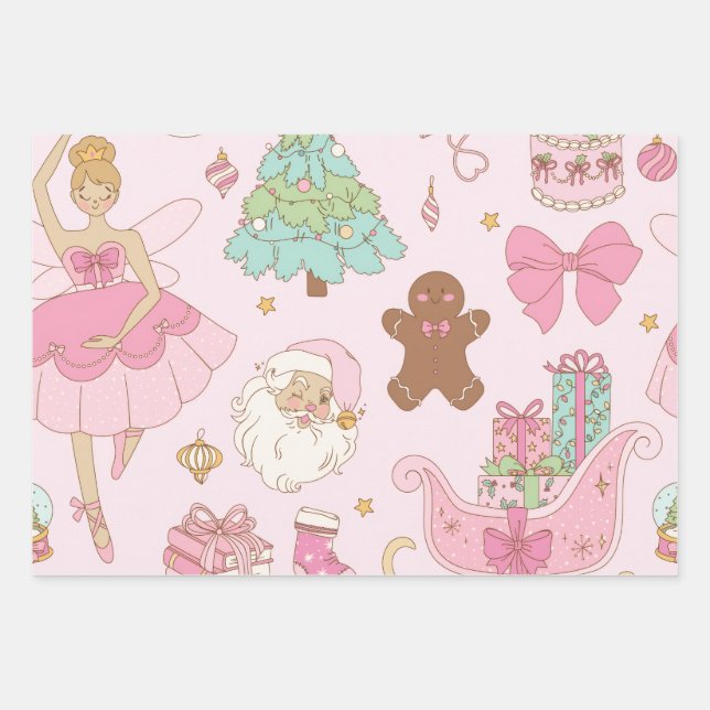Pastel Pink Christmas Trees Bows Holiday  Geschenkpapier Set (Vorderseite)