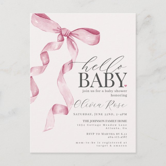 Pastel Pink Coquette Bow Girl Babydusche Einladung Postkarte (Vorderseite)