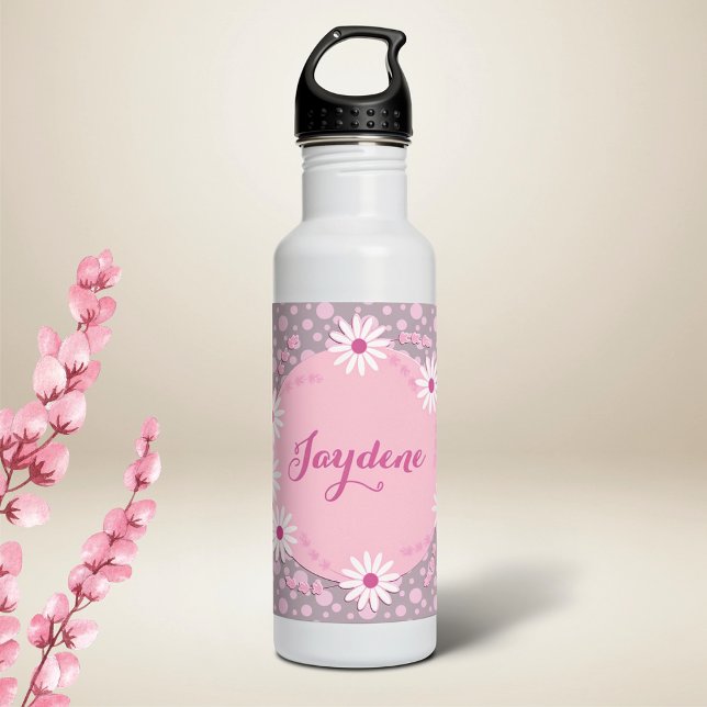 Pastel Pink Custom Daisy Edelstahlflasche (Pretty water bottle for spring. Daisies and dots for a fun mix. Feminine, cute and practical.)
