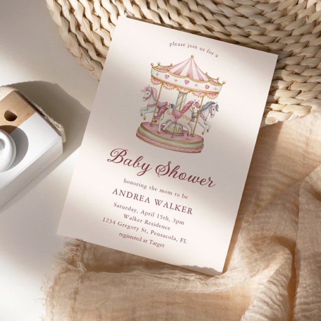 Pastel Pink Cute Carousel Girl Baby Shower Einladung (Von Creator hochgeladen)