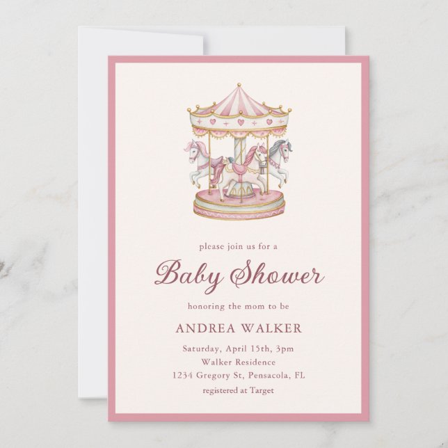 Pastel Pink Cute Carousel Girl Baby Shower Einladung (Vorderseite)