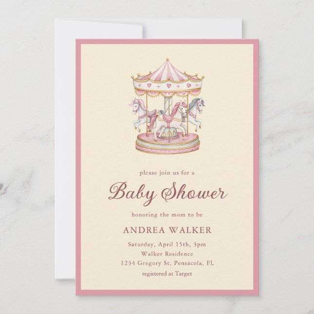Pastel Pink Cute Carousel Girl Baby Shower Einladung (Vorderseite)