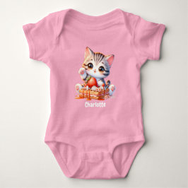 Pastel Pink Cute Kitten Cat with Dessert Waffles Baby Strampler