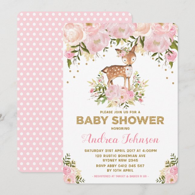 Pastel Pink Deer Baby Girl Dusche Wasserfarbe Peon Einladung (Vorne/Hinten)