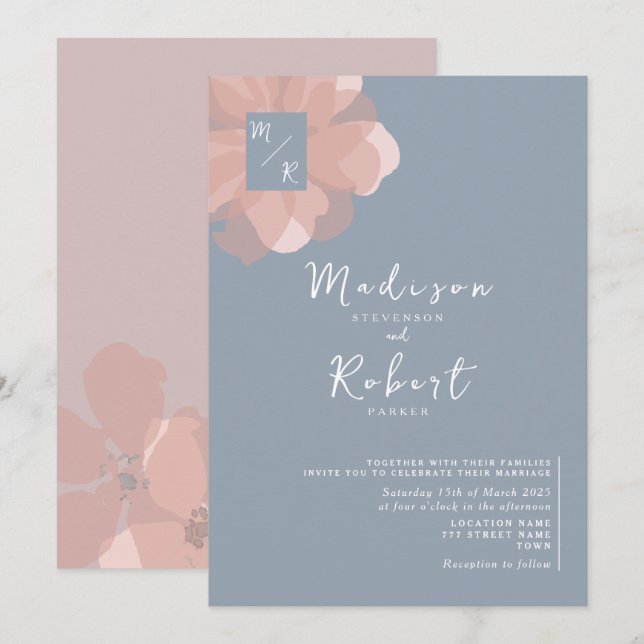 Pastel Pink Dusty Blue Floral Wedding Einladung (Vorne/Hinten)