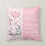 Pastel Pink Elephant Personalisiert Baby Girl Birt Kissen<br><div class="desc">Was für ein großartiges Kinderkissen für Ihr neues Baby. Dieses niedliche, hübsche, einzigartige Design hat zwei bezaubernde Cartoon Elefanten mit rosa Ballonherzen in ihren Stämmen. Der Hintergrund ist ein pastellrosa Zickzack Muster auf der links Seite und ein rosa pastellfarbener Hintergrund auf der rechten Seite. Die Rückseite des Kissens weist das...</div>