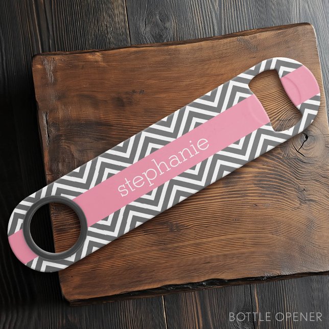 Pastel Pink et Grey Chevrons Nom personnalisé (Custom Bar Key)