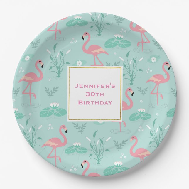 Pastel Pink Flamingos Green Pattern Geburtstag Pappteller (Vorderseite)