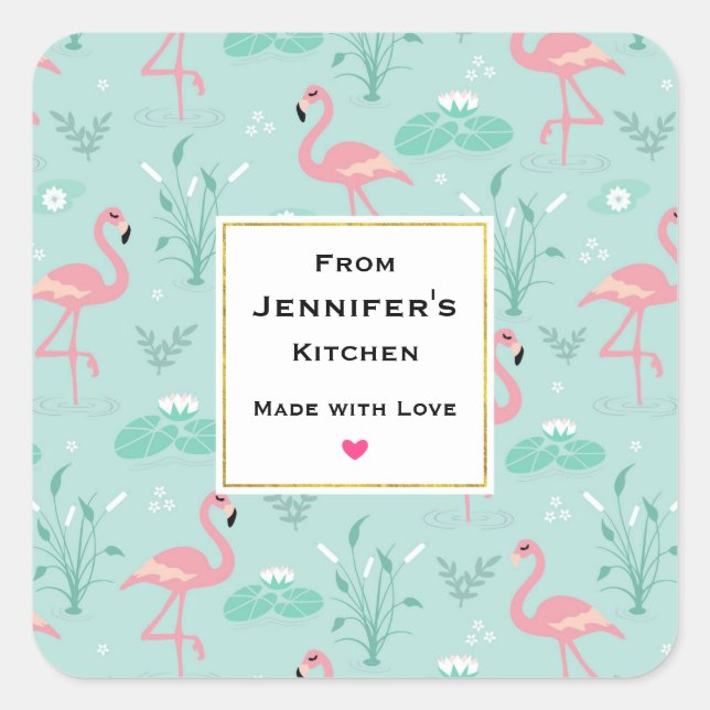 Pastel Pink Flamingos Green Pattern Küche Quadratischer Aufkleber (Vorderseite)