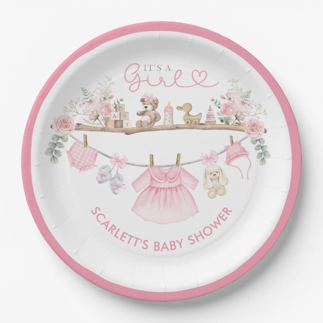 Pastel Pink Floral Baby Kleidung Boho Kinderzimmer Pappteller (Vorderseite)