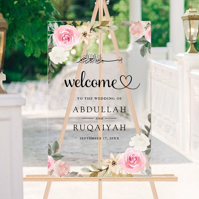 Pastel Pink Floral Muslim Wedding Welcome Acrylschild (Von Creator hochgeladen)