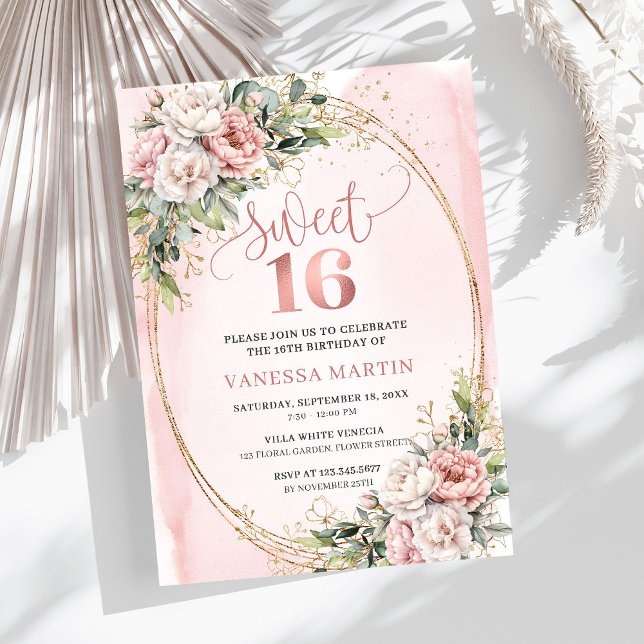 Pastel Pink Flowers Greenery 16th Birthday Invites Einladung (Pastel Pink Flowers Greenery 16th Birthday Invitation Design

)