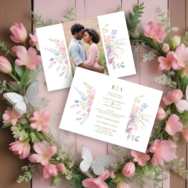 Pastel Pink Flowers Greenery Elegant Spring Photo Einladung (Pastel Pink Flowers & Greenery Elegant Spring Photo Wedding Invitations Cards. )