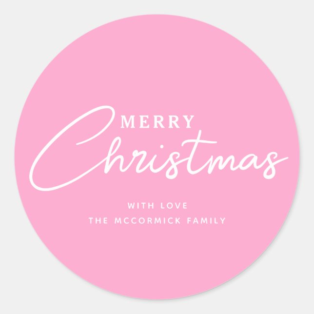 Pastel Pink Frohe Weihnachtsschrift Name Runder Aufkleber (Vorderseite)